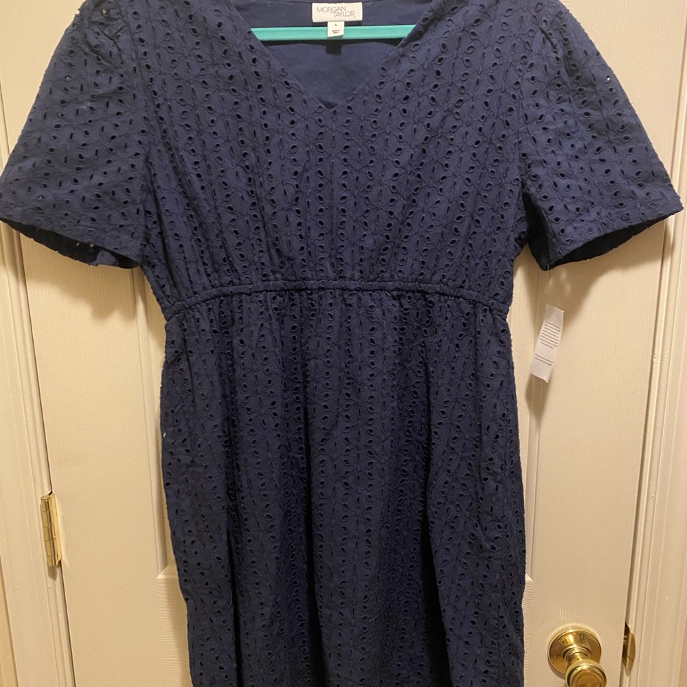 V-neck empire style eyelet dress navy blue